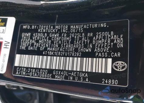 2015 Toyota Avalon Xle z USA, uszkodzony, nr VIN 4T1BK1EB2FU178282